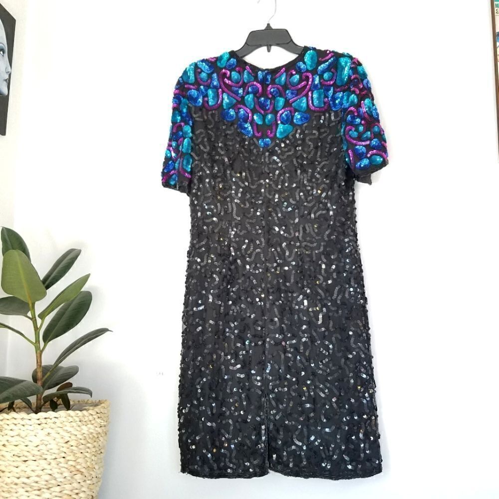 Vintage Laurence Kazar 1980’s 100% Silk Dolly Parton Sequin Cocktail Dress PL - Picture 3 of 12